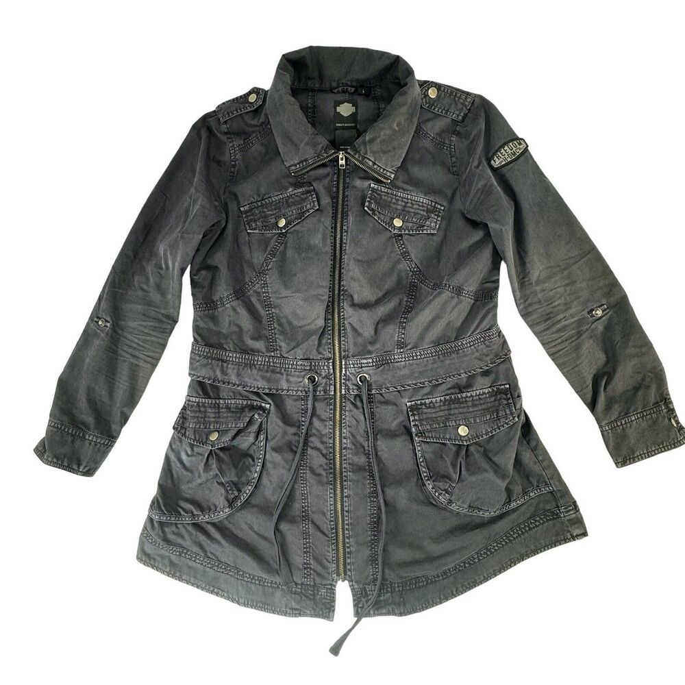 Harley Davidson Faded Black Cotton Womens Large 4 Pocket Patched Zip Long Jacket
